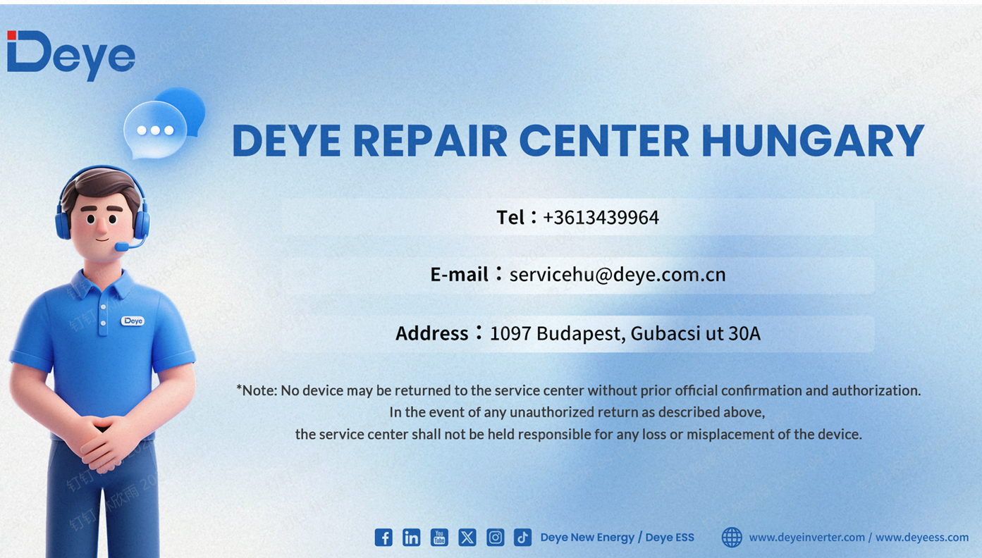 Deye Repair Center Hungary elérhetőségei: +36 1 343 9964, servicehu@deye.com.cn, 1097 Budapest, Gubacsi út 30/A