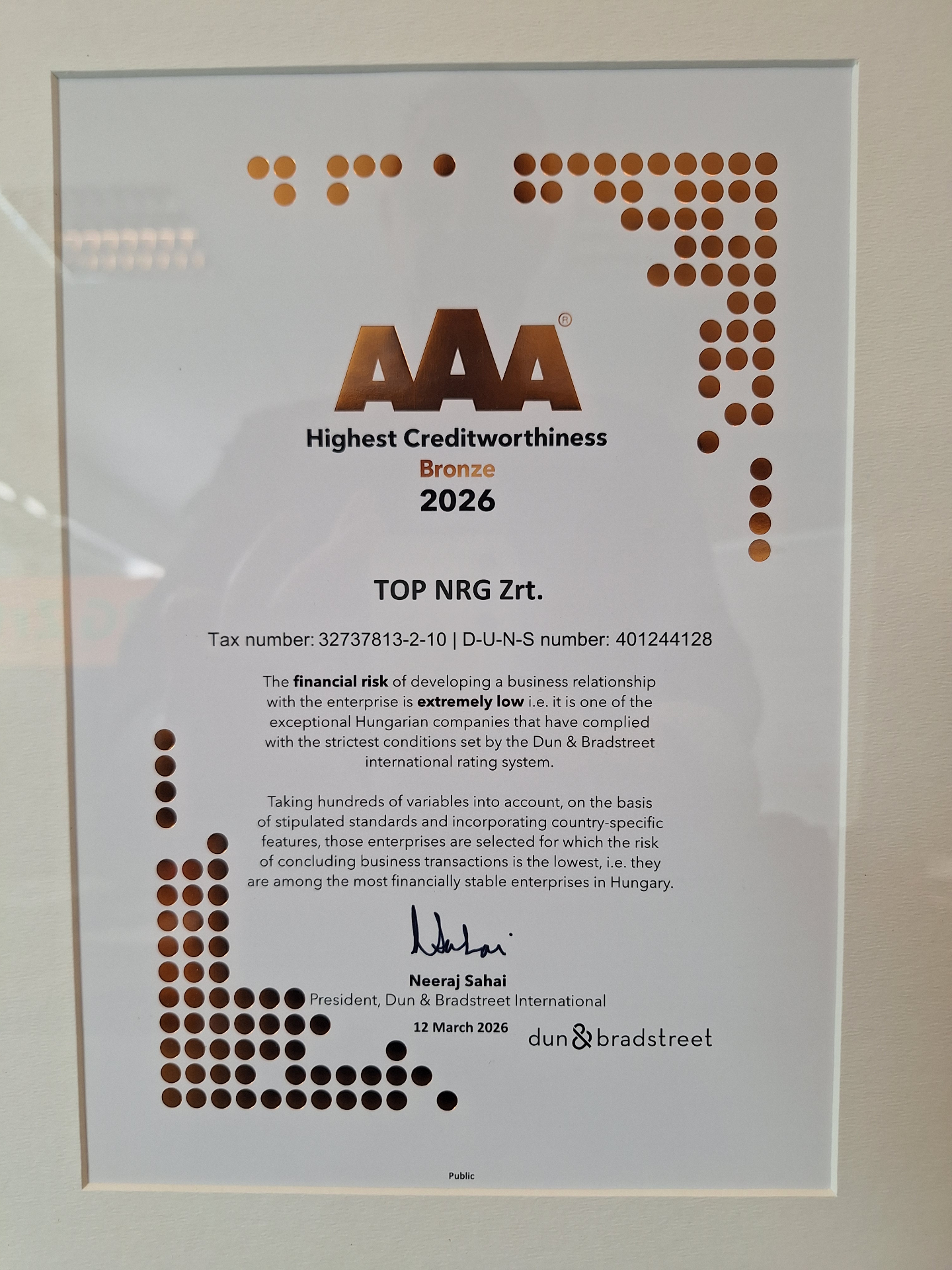 Dun & Bradstreet AAA Highest Creditworthiness 2026 — TOP NRG Zrt.